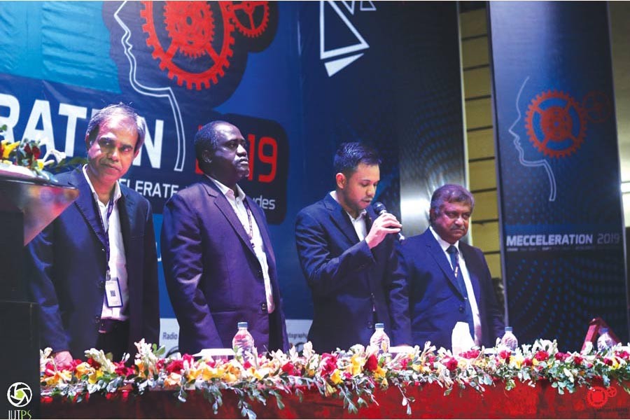 The chief guest and other dignitaries during the opening ceremony of ‘Mecceleration 2019’, a mechanical engineering festival held at Islamic University of Technology (IUT), Gazipur