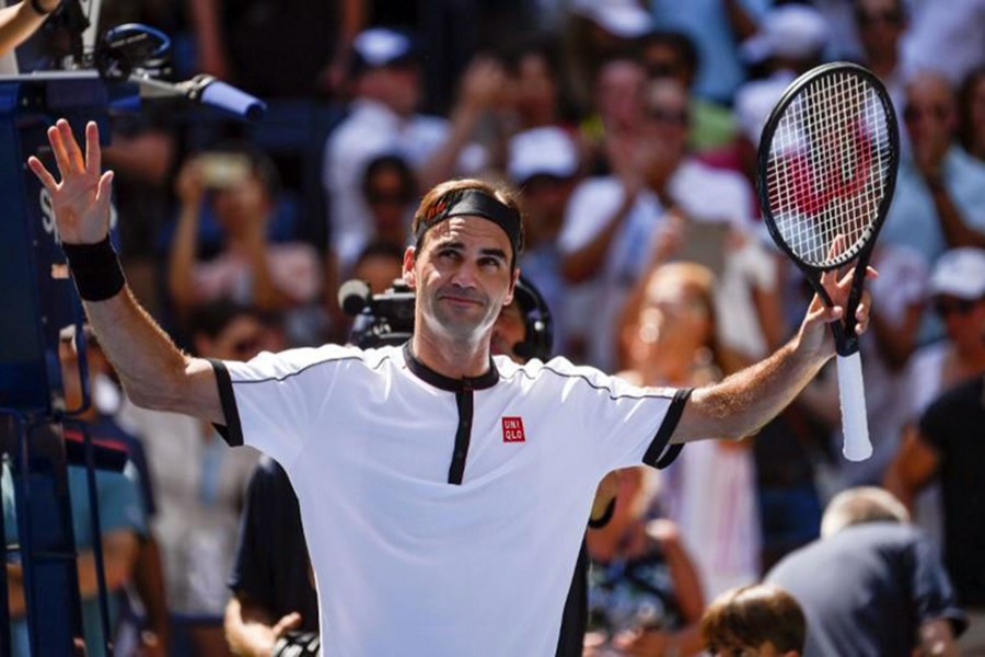 Roger Federer of Switzerland celebrates match point against Daniel Evans of Great Britain in a third round match on day five of the 2019 US Open tennis tournament at USTA Billie Jean King National Tennis Center. Mandatory Credit: Jerry Lai-USA TODAY Sports via Reuters