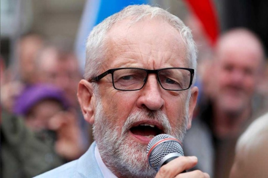 Britain's opposition Labour Party leader Jeremy Corbyn speaks during an anti-Brexit demonstration at George Square in Glasgow, Scotland, Britain, Aug 31, 2019. Reuters