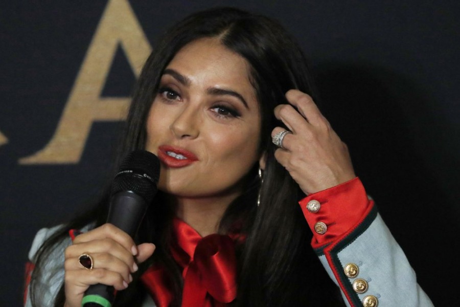 Mexican actress and producer Salma Hayek gives a news conference to promote her new film "Monarca" in Mexico City, Tuesday, Sept. 10, 2019. Salma is a native of Veracruz, Mexico. (AP Photo/Marco Ugarte)