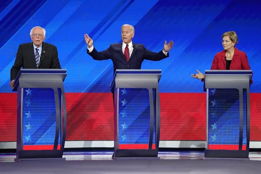 Senator Bernie Sanders, former Vice President Joe Biden, and Senator Elizabeth Warren debate during the 2020 Democratic US presidential debate in Houston, Texas, US on September 12, 2019 — Reuters photo