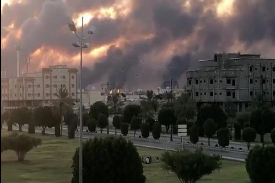 Smoke is seen following a fire at an Aramco factory in Abqaiq, Saudi Arabia, September 14, 2019 in this picture obtained from social media. VIDEOS OBTAINED BY REUTERS/via REUTERS