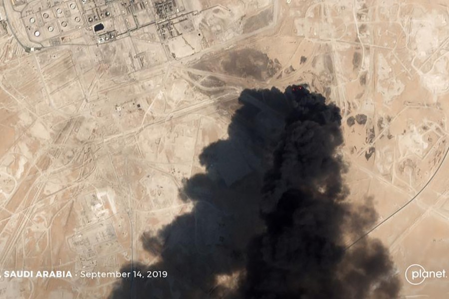 A satellite image shows an apparent drone strike on an Aramco oil facility in Abqaiq, Saudi Arabia on September 14, 2019. Planet Labs Inc/Handout via REUTERS