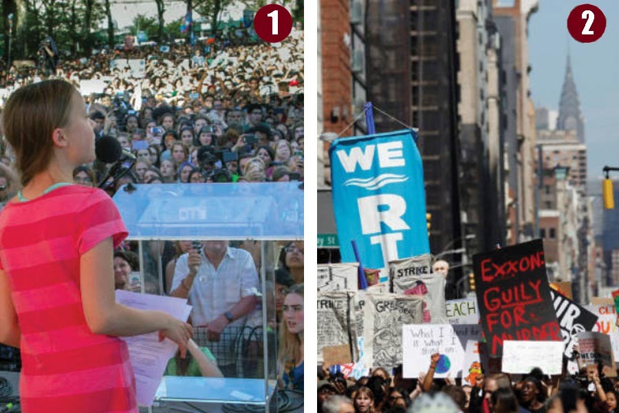 (1) Swedish teenage climate activist Greta Thunberg, centre, speaks during the Climate Strike on February 20, 2019 in New York. Photo: AP      I      (2) Activists march down Broadway in lower Manhattan as they take part in a demonstration as part of the Global Climate Strike in New York last on September 20, 2019. Photo: Reuters