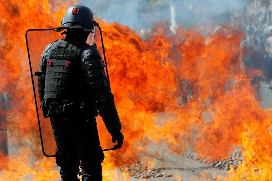 A molotov cocktail explodes in front of a French gendarme during a demonstration on Act 44 (the 44th consecutive national protest on Saturday) of the yellow vests movement in Nantes, France last month. -Reuters Photo