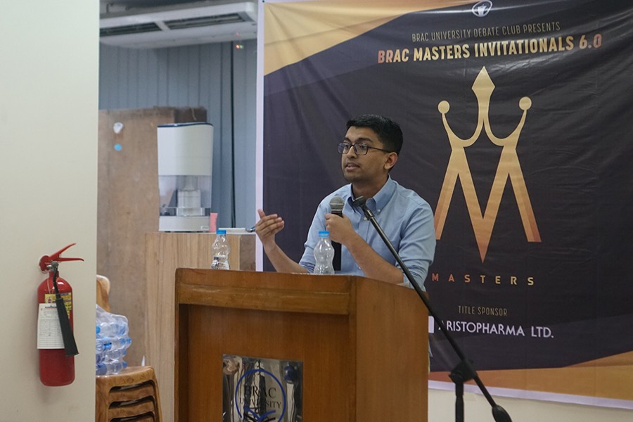 One of the finalists, Sajid Asbat Khandaker delivering his speech at the grand finale of BRAC Masters Invitational 2019