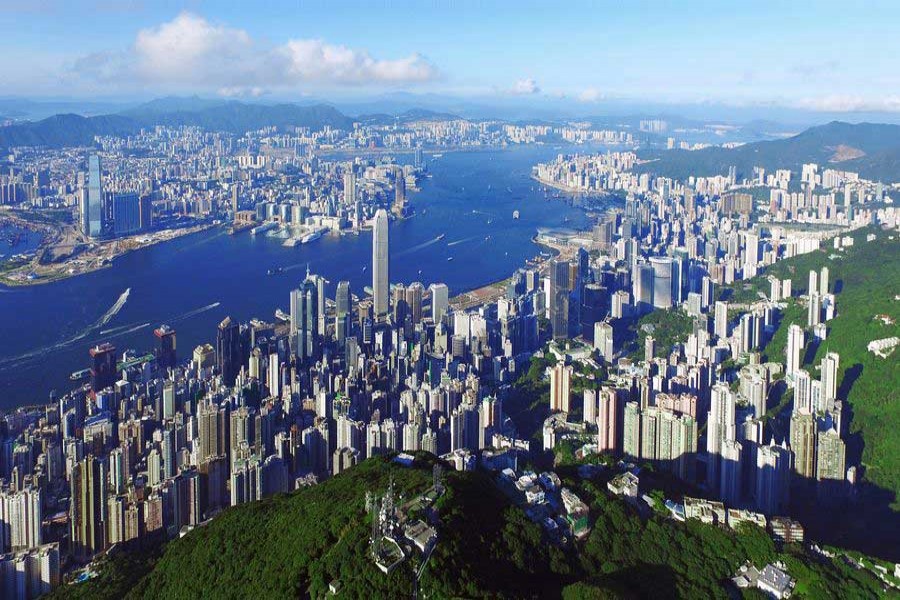 Aerial photo taken on June 27, 2017, shows the scenery on both sides of the Victoria Harbour in Hong Kong. (Xinhua/Lui Siu Wai)