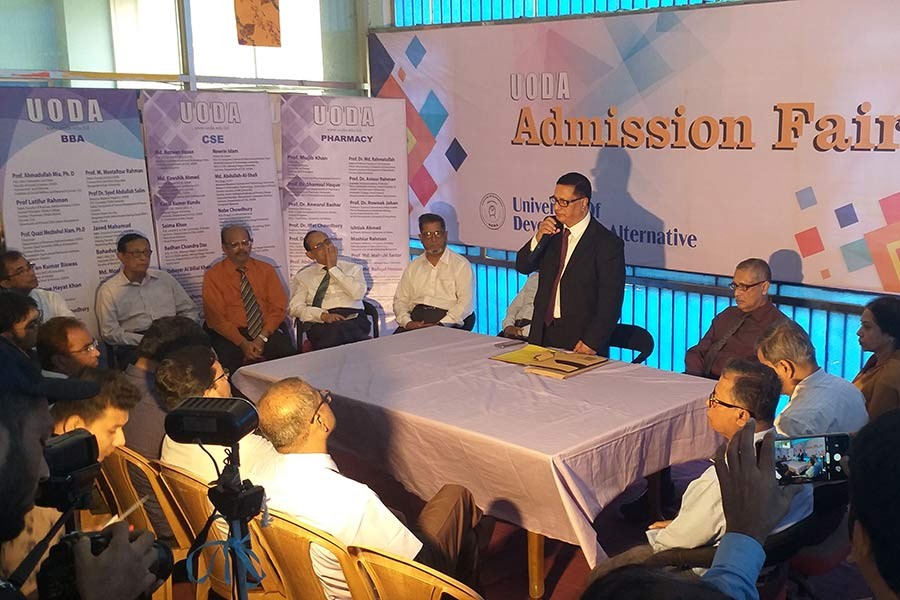 UODA founder and president Professor Mujib Khan addressing a press conference marking 11-day admission fair on the university campus in Dhanmondi area of Dhaka on Sunday.