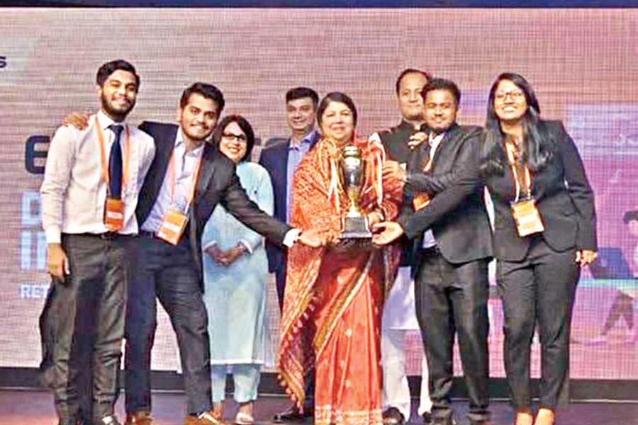 The winners of Banglalink Ennovators 3.0 -- Irfan Uddin, Shahriar Raihan Sakib, Ferdows Abid Chowdhury and Farah Tasnim (from left to right) -- along with the Speaker of Bangladesh Parliament Dr Shirin Sharmin Chaudhury (third from left)