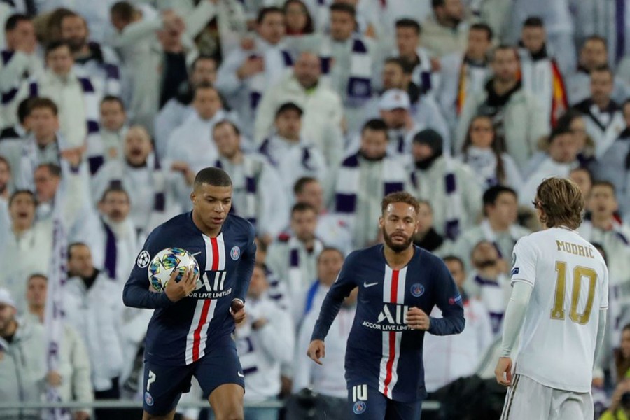 Paris St Germain's Kylian Mbappe celebrates scoring their first goal against Real Madrid — Reuters photo