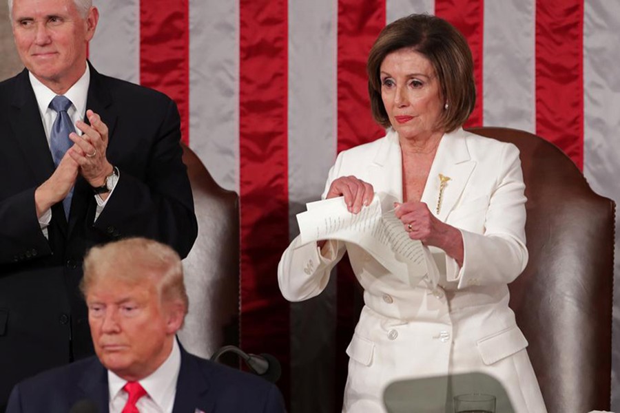 Speaker of the House Nancy Pelosi rips up the speech of US President Donald Trump after his State of the Union address to a joint session of the US Congress in the House Chamber of the US Capitol in Washington, US on February 4, 2020 — Reuters photo