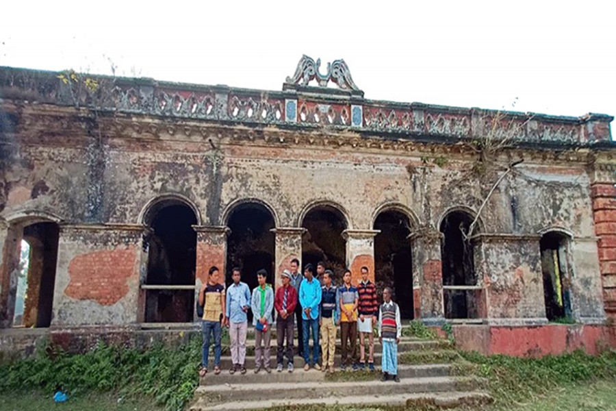 The frontal view of the Pailgaon Zaminderbari of Jagonnathpur upazila in Sunamganj district — FE Photo