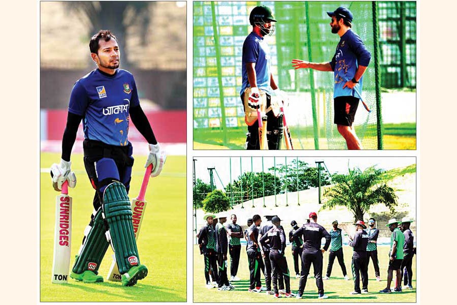 Clockwise: Bangladesh wicketkeeper-batsman Mushfiqur Rahim taking part in a practice session, Tamim Iqbal  listening to Bangladesh's batting coach Neil McKenzie and players of Zimbabwe practising at Sylhet International Stadium in Sylhet on Monday	 	— Twitter/ bdnews24.com