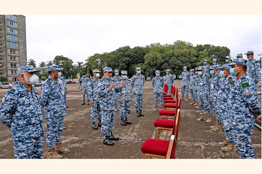 Chief of Air Staff Air Chief Marshal Masihuzzaman Serniabat, BBP, OSP, ndu, psc addressing the members of BAF contingent at Bangladesh Air Force Base Bashar, Tejgaon in the city on Thursday —ISPR
