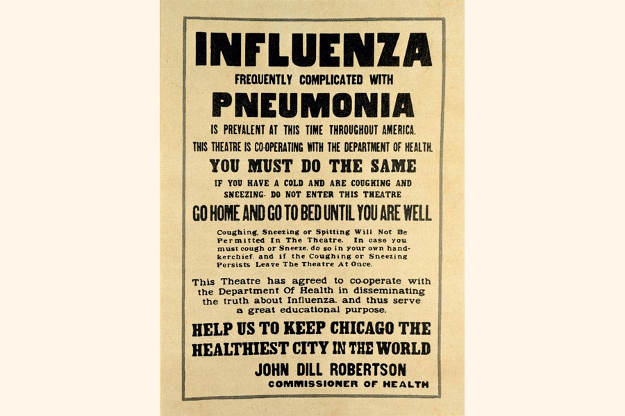 Chicago theatres displayed posters like this one to slow the spread of the Spanish Flu during the 1918 pandemic 	—NG Photo