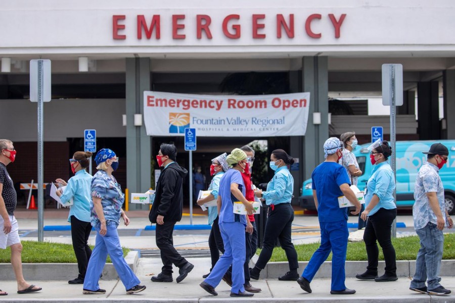 Healthcare workers at Fountain Valley Regional Hospital hold a rally outside their hospital for safer working conditions during the outbreak of the coronavirus disease (Covid-19) in Fountain Valley, California, US, August 06, 2020 — Reuters