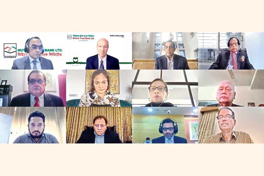 Md. Hedayetullah, Chairman of Mutual Trust Bank Ltd (MTB), presided over the 21st Annual General Meeting (AGM) of the bank on Thursday. Directors Syed Manzur Elahi, Dr. Arif Dowla, Rashed Ahmed Chowdhury, M. A. Rouf, JP, Md. Wakiluddin, Md. Abdul Malek, Anika Chowdhury, Herbert Ludwig Jaeger, Independent Director Nasreen Sattar, Managing Director & CEO Syed Mahbubur Rahman and Company Secretary Malik Muntasir Reza also attended the AGM