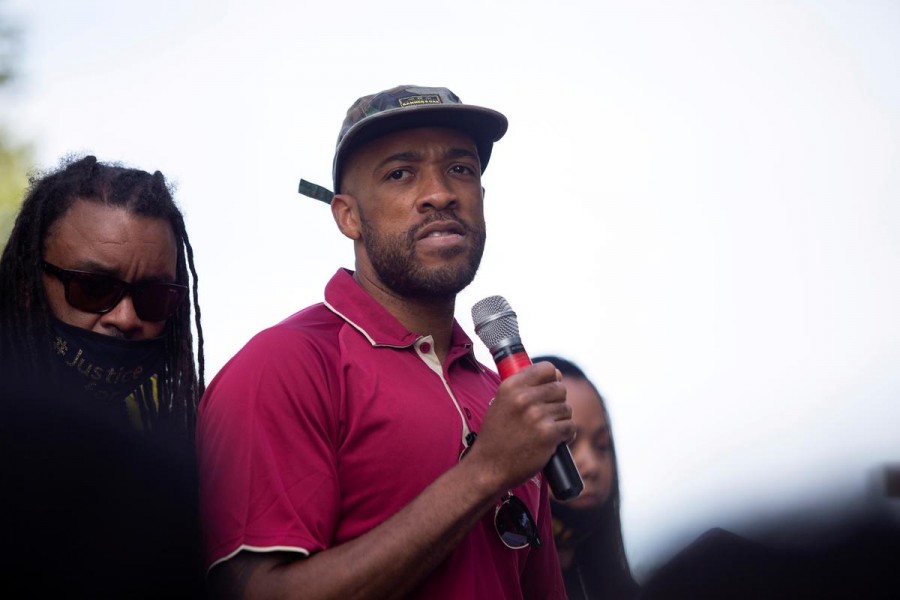 Mandela Barnes speaks to the crowd gathered at Civic Center Park located outside of the Kenosha County Courthouse, in Kenosha, Wisconsin, US on August 29, 2020 — Reuters/Files