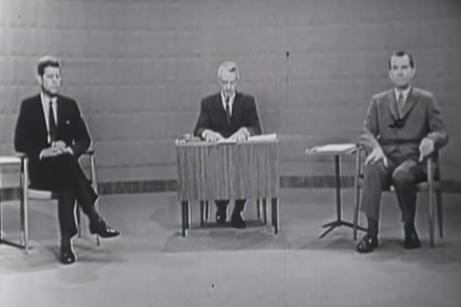 Senator John F Kennedy and Vice President Richard Nixon sit prior to the start of the 1960 US presidential election debate, in Chicago, Illinois, US, September 26, 1960 — John F. Kennedy Library Foundation/US National Archives/Handout via Reuters