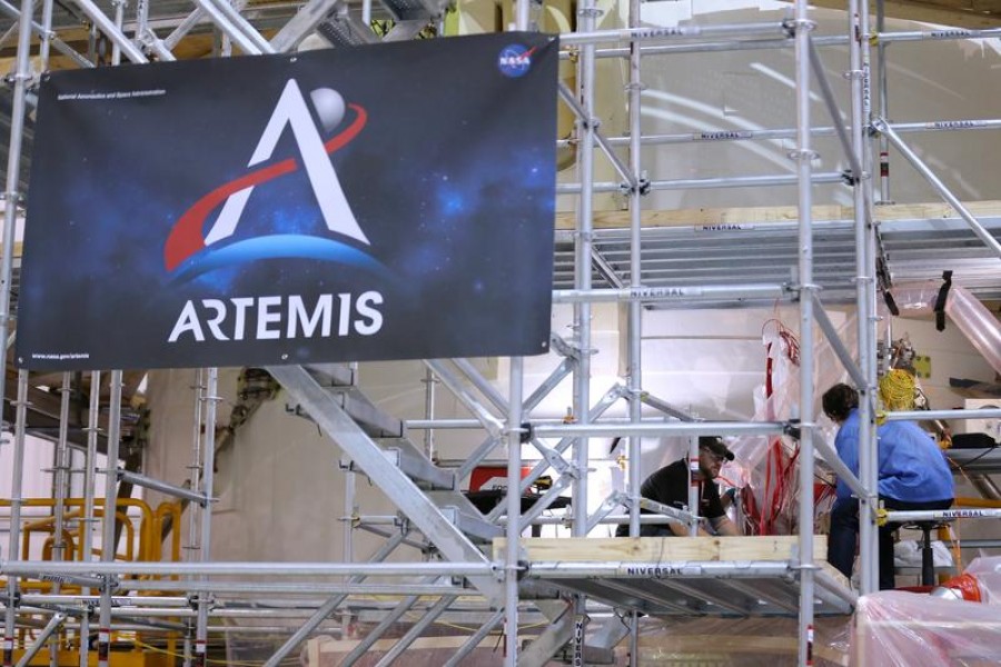 Engineers work on the engine section at NASA's Michoud Assembly Facility where engineers are preparing to add the final section to the core stage of the rocket that will power NASA’s Artemis 1 lunar mission, in New Orleans, Louisiana, US on August 15, 2019 — Reuters/Files