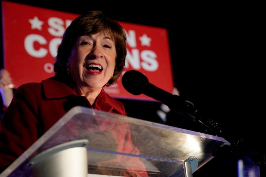 US Senator Susan Collins (R-ME) speaks to supporters on stage at her election night headquarters at the Hilton Garden Inn in Bangor, Maine, US, November 4, 2020. REUTERS/Elizabeth Frantz/File Photo