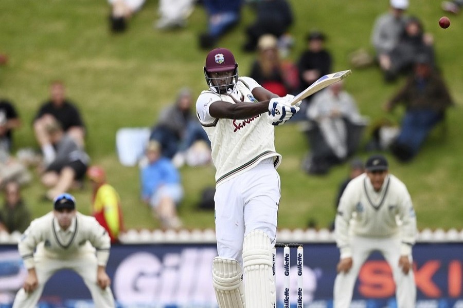 West Indies' Jason Holder bats against New Zealand on the third day of their second cricket test at Basin Reserve in Wellington, New Zealand, Sunday, December 13, 2020 — Andrew Cornaga/Photosport via AP