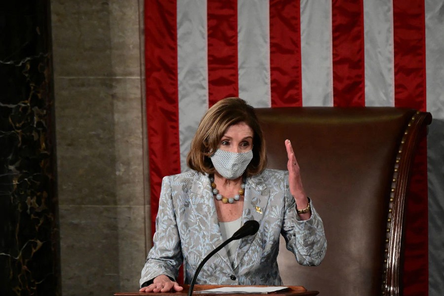 Speaker of the US House Nancy Pelosi gestures towards the members as she addresses the first session of the 117th Congress on the heels of taking her oath of office after she was reelected Speaker on Capitol Hill in Washington, US on January 3, 2021 — Pool via Reuters