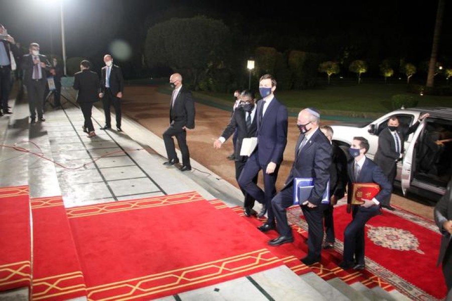 Israeli National Security Adviser Meir Ben-Shabbat (front R), who led the Israeli delegation, and US White House Senior Adviser Jared Kushner are seen during a visit to Rabat, Morocco, December 22, 2020 — Reuters/Files