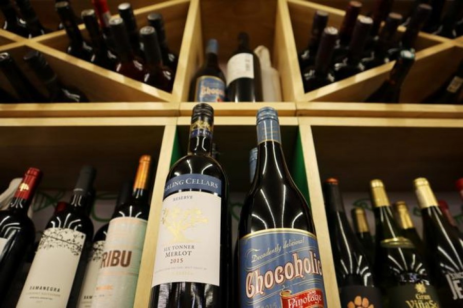 Bottles of South African wine are displayed among others at a supermarket in Beijing, China February 4, 2021. Picture taken February 4, 2021. REUTERS/Florence Lo