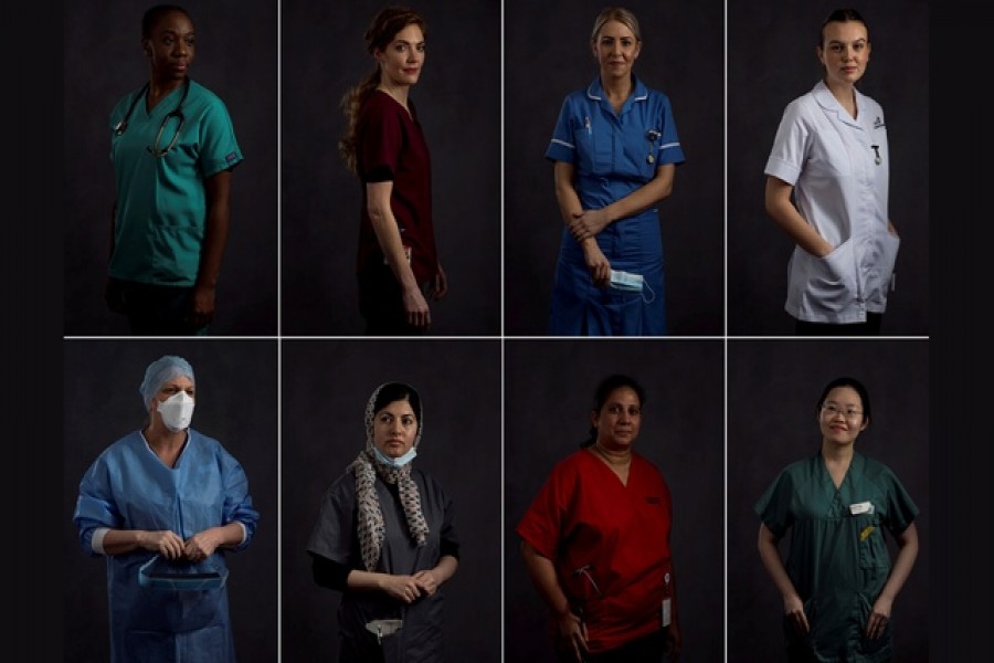 A combination picture shows East Lancashire NHS Trust healthcare workers posing for a portrait ahead of International Women's Day at The Royal Blackburn Teaching Hospital in north west England, Britain. Pictures taken between March 2 and March 3, 2021 — Reuters