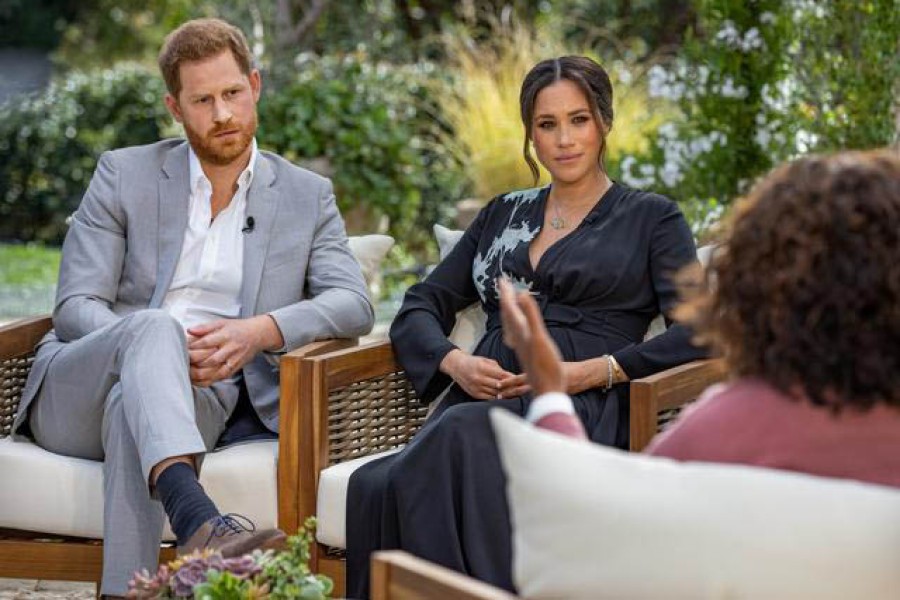 Britain's Prince Harry and Meghan, Duchess of Sussex, are interviewed by Oprah Winfrey in this undated handout photo — Harpo Productions/Joe Pugliese/Handout via Reuters