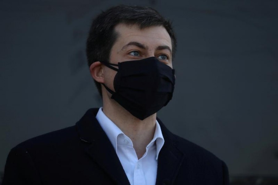 US Transportation Secretary Pete Buttigieg speaks to members of the news media while visiting a UPS centre that is delivering the Covid-19 vaccines to nearby District of Columbia and Maryland from Landover, Maryland, US on March 15, 2021 — Reuters/Files