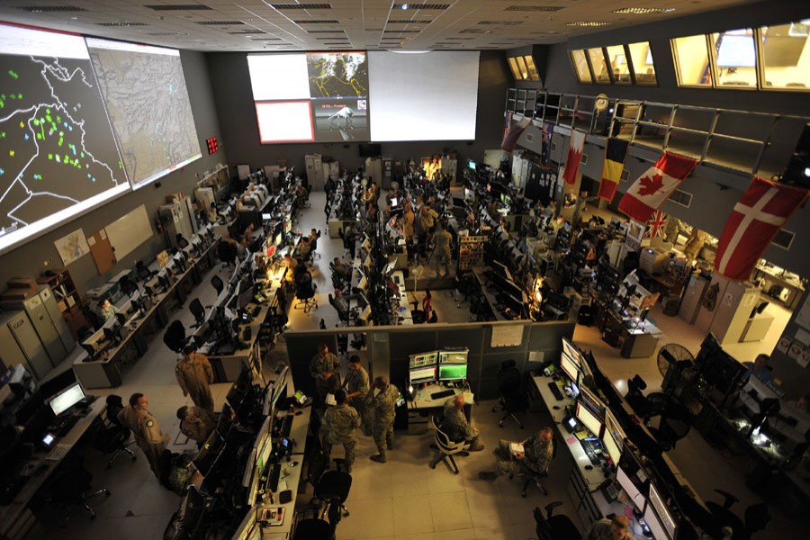 Combined Air and Space Operations Center (CAOC) provided command and control of air power throughout Iraq, Syria, Afghanistan, and 17 other nations. Photograph Source: Tech. Sgt. Joshua Strang – Public Domain