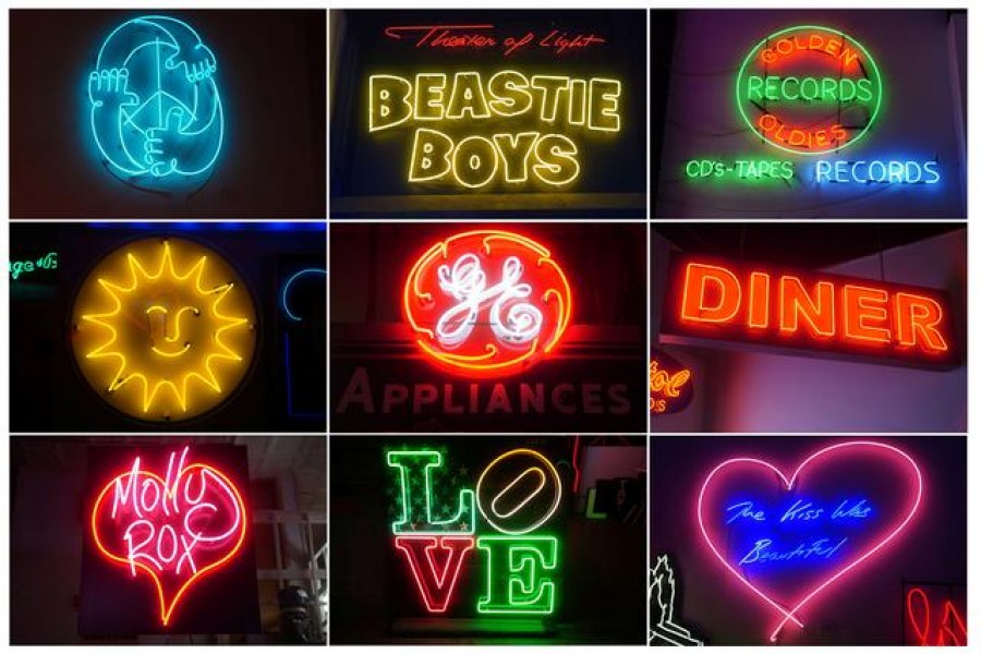 Neon signs are pictured in this combination image at the "Let There Be Neon" store amid the coronavirus disease (COVID-19) pandemic in the Manhattan borough of New York City, New York, U.S., April 8, 2021. REUTERS/Carlo Allegri