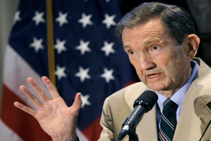 Former US Attorney General Ramsey Clark holds a discussion on the probability of a death or life sentence for Saddam Hussein in Washington October 5, 2006. REUTERS/Jim Young/File Photo