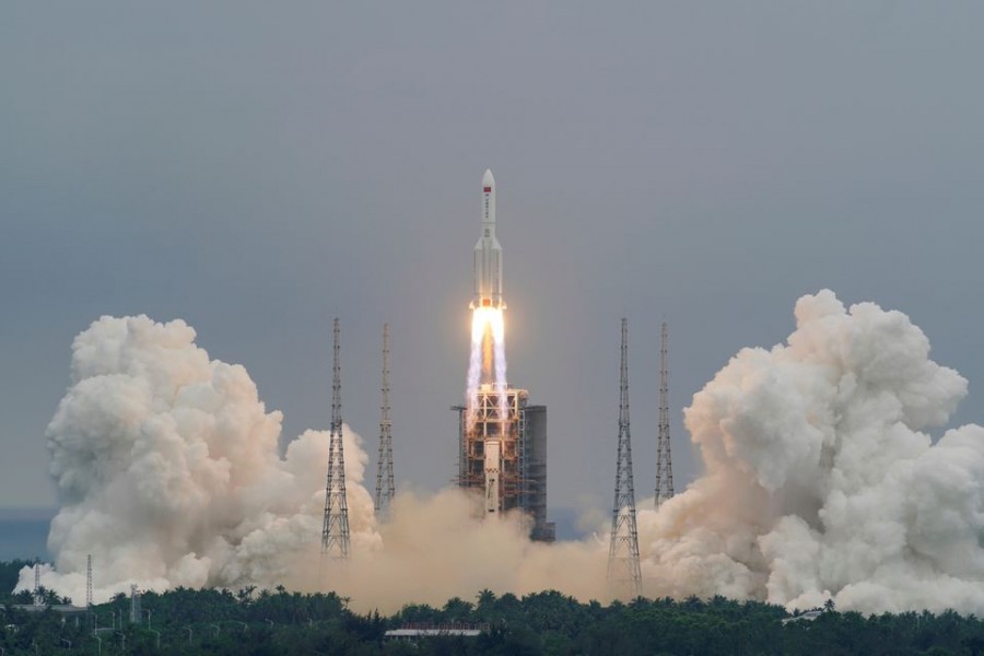 The Long March-5B Y2 rocket, carrying the core module of China's space station Tianhe, takes off from Wenchang Space Launch Center in Hainan province, China April 29, 2021. China Daily via REUTERS