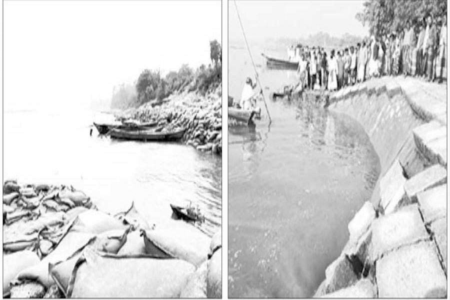 File photos show eroded vulnerable spots of Meghna-Dhonagoda Irrigation Dam near Janata Bazar in Matlab Uttar (left) and the dam was repaired by dumping sand-filled bags last year