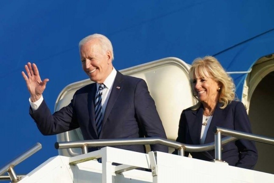 US President Joe Biden and first lady Jill Biden disembark from Air Force One as they arrive at RAF Mildenhall ahead of the G7 Summit, near Mildenhall, Britain June 9, 2021 — Reuters