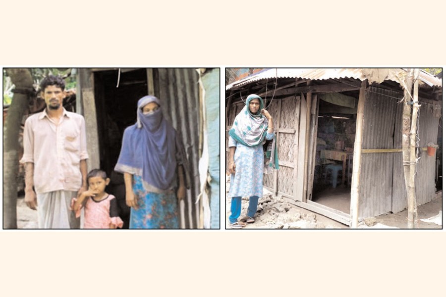 Jamal Miji with his family beside his worn- out house (left) in Faridganj upazila of Chandpur, and physically handicapped Parvin Begum beside her brother's worn-out house at Montola village under Subidpur (right) — FE Photos