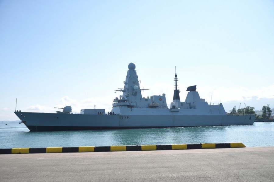 The British Royal Navy destroyer HMS Defender is moored before a ceremony marking the warship's arrival in the Black Sea port of Batumi, Georgia, June 26, 2021. Vasil Gedenidze/British Embassy in Georgia/Handout via REUTERS