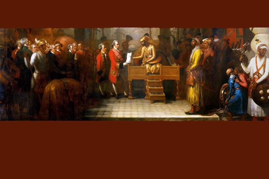 Shah Alam conveying the grant of the Diwani to Lord Clive' by Benjamin West (1765). Bridgeman Images