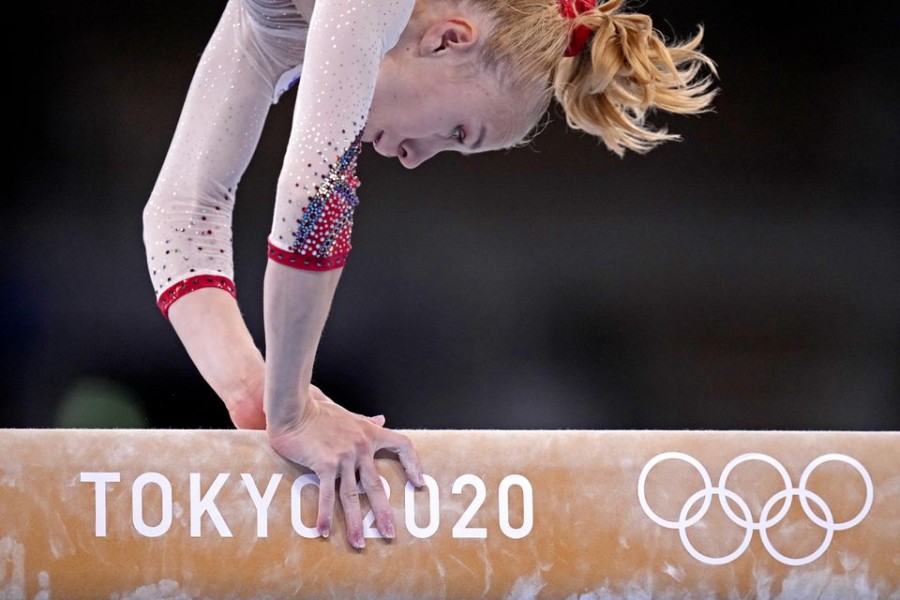 Viktoria Listunova (ROC) competes on the beam in the womens gymnastics qualifications during the Tokyo 2020 Olympic Summer Games at Ariake Gymnastics Centre — USA Today Network via Reuters