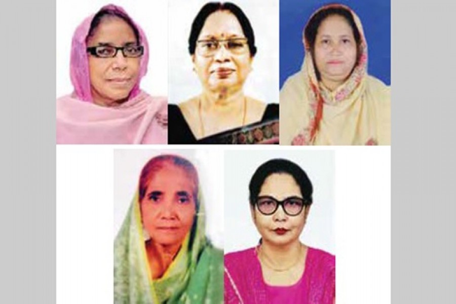 উপরে বাঁ থেকে ঘড়ির কাঁটার দিকে: অধ্যাপক মমতাজ বেগম (মরণোত্তর), জয়া পতি (মরণোত্তর), মোছা. নুরুন্নাহার বেগম, নাদিরা জাহান (সুরমা জাহান) ও অধ্যক্ষ জোবেদা খাতুন পারুল