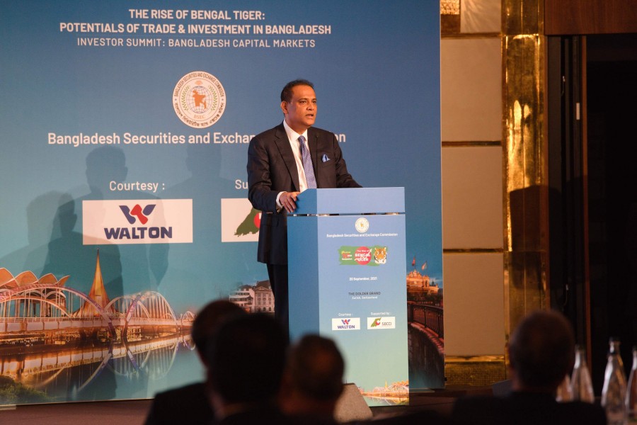 Land Minister Saifuzzaman Chowdhury addressing the first investment summit on ‘Bangladesh Capital Markets’ of a roadshow at Zurich in Switzerland on Monday