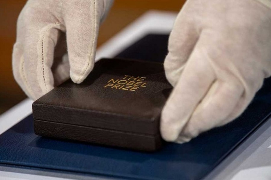 The box containing the Nobel Prize medal in physics is pictured before being awarded to German scientist Reinhard Genzel in Munich, Germany, December 8, 2020. Peter Kneffel/Pool via REUTERS