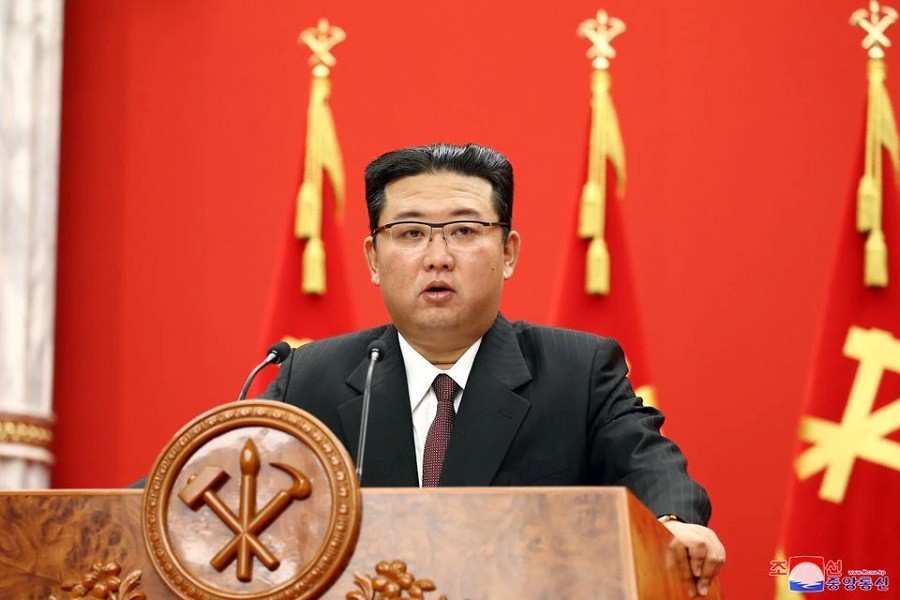 North Korean leader Kim Jong Un speaks during an event celebrating the 76th anniversary of the founding of the ruling Workers' Party of Korea (WPK) in Pyongyang, North Korea, in this undated photo released on October 11, 2021 by North Korea's Korean Central News Agency (KCNA) — KCNA/via Reuters