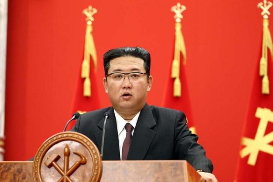 North Korean leader Kim Jong Un speaks during an event celebrating the 76th anniversary of the founding of the ruling Workers' Party of Korea (WPK) in Pyongyang, North Korea, in this undated photo released on October 11, 2021 by North Korea's Korean Central News Agency (KCNA). KCNA/via REUTERS.