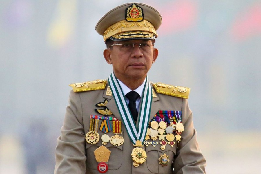 Myanmar's junta chief Senior General Min Aung Hlaing, who ousted the elected government in a coup on February 1, presides an army parade on Armed Forces Day in Naypyitaw, Myanmar on March 27, 2021 — Reuters/Files