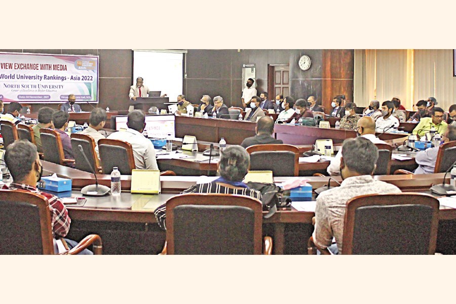 Participants attend a view-exchange meeting organised by North South University on its campus in the city on Thursday