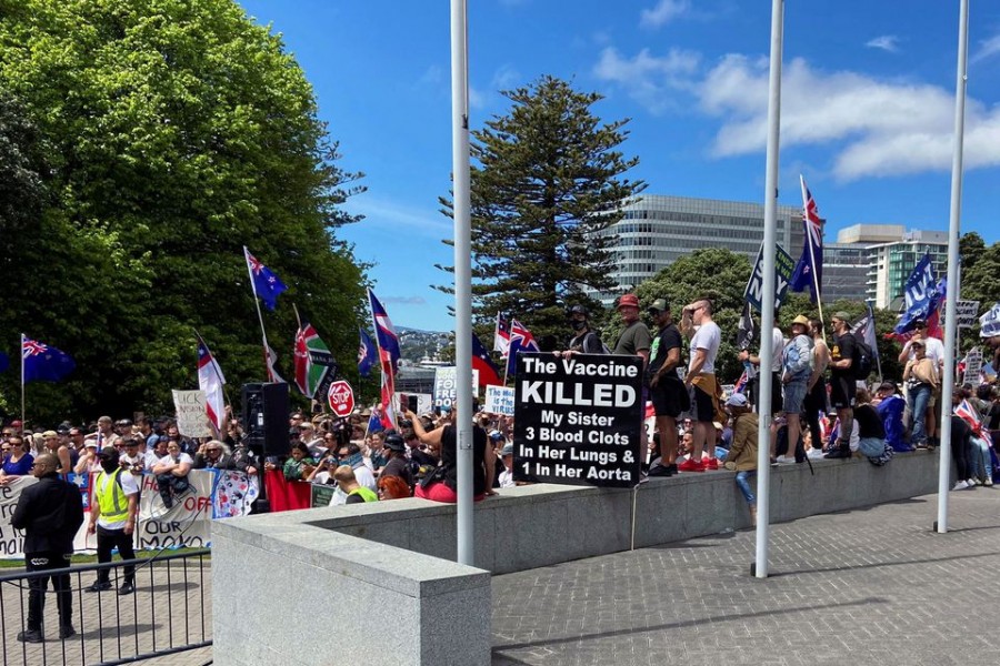 Protesters rally against coronavirus disease (COVID-19) restrictions and vaccine mandates in Wellington, New Zealand, November 9, 2021. REUTERS/Praveen Menon